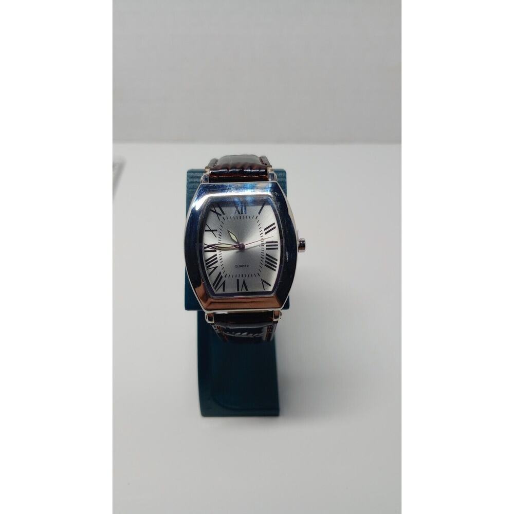 SKC Women's Genuine Leather Band Watch Silver Toned Rectangle Face Face
